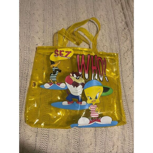 Looney Tunes Tweety bird & friends Hip Hop Yellow Transparent vinyl Tote Bag Vin - Picture 1 of 5